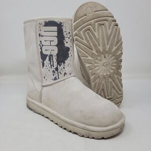 UGG Classic Short Paint Splatter Logo White Suede Boots Womens‎ 8 1114534